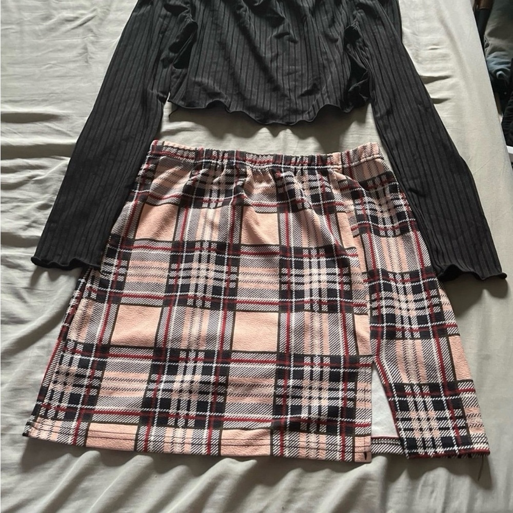 SHEIN Pink and Black Plaid Mini Skirt